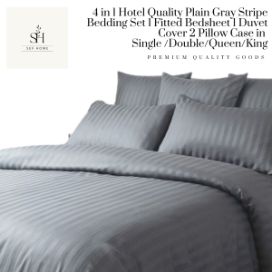 SevHome 4 in 1 Plain Gray Stripes Bedsheet Sets | Cotton 400TC Hotel Quality Stripe Bedsheets | Beddings Bed sheet set with 1 Fitted Sheet with Garter 1 Duvet Comforter Quilt Cover 2 Pillow case | Size Single Double Queen King