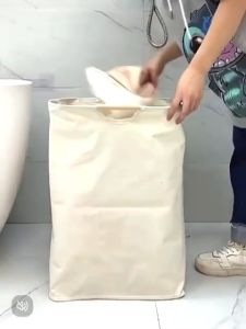 Muji Style Foldable Laundry Basket Fabric Wood Handle Portable Dirty Cloth Storage Large For Bathroom Bedroom Waterproof Bakul Baju Kotor Pemegang Kayu Kalis Air White Supplies