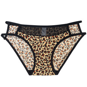 Renda seksi seluar dalam sutera ais lancar wanita Leopard cetak tali silang Mid-waist Butt Lift Briefs Lace Trimmed Cotton Crotch