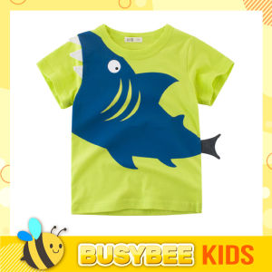 Kids Children T-shirt for 1-10 years old boys girls Short sleeve shark printed with patchworks of shark teeth and tail / Baju kanak-kanak budak lelaki perempuan umur 1-10 dengan cetakan dan jahitan 3D jerung 男孩上衣