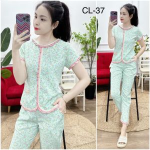 Quần áo nữ (Bunnysky) Đồ bộ mặc nhà tay cộc xếp bèo vạt cong chất vải lụa