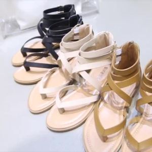 Y&HE 35-42 Strap Sandals Leather Upper Flat Shoes Women Dinner Dress Party Strapy Ladies Shoes Roman Clip Toe Low Heel Office Wear Rubber Sole