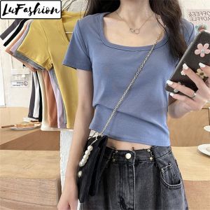 LuFashion Crop Tops for Women Summer Korean Square Neck Short Sleeve Plain Casual Tops