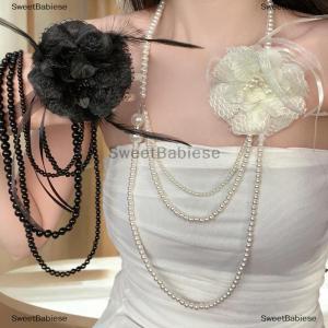 [COD] SweetBabiese Nhiều lớp ngọc trai dài Vòng cổ hoa hồng thiết kế áo len chuỗi trang sức phụ kiện cho phụ nữ