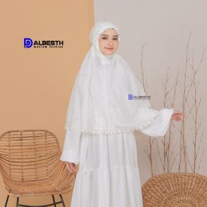 Kerudung Putih Haji & Umroh Full Bordir Bahan Katun Paris Premium Bergo Hijab Instan ALBESTH
