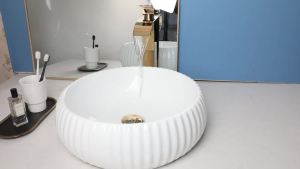 LDIES Torayvino White Ceramic Round Bathroom Sink Gold Brass Mixer Faucet Lavatory Bath Combine Vessel Vanity w/ Pop-up Combo Kit 9M6T2