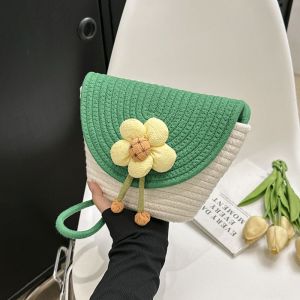 COLOO Cotton Rope Weave Straw Bag Beach Handbag Flower Raffia Shoulder Bag Casual Large Capacity Hollow Bucket Bag Girls