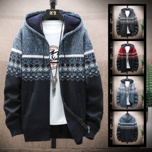 Men Thickened Sweater Fleece Cardigan Winter Cable Sweaters Fashion Stripe Stand Collar Jacket Brand Y2K Clothing