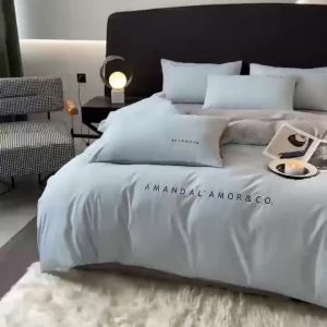 Light Luxury Style High-End Washed Cotton Bedding Set Four-Piece Solid Color Brushed Embroidered Duvet Cover Bed Sheet Bed Skirt Dormitory Three-Piece Set LZD