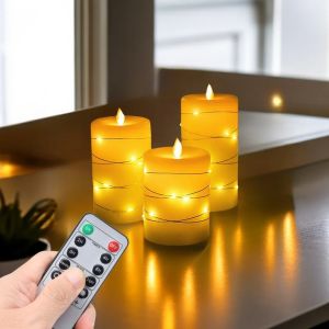 Set of 3 Real Wax Flameless Candles with Embedded String Lights Battery Operated Flickering LED Fake Candle Set with Remote Control Cycling 24 Hours Timer 4" 5" 6" Pack of 3