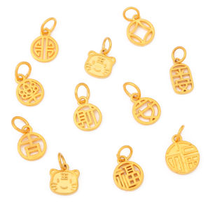 Gold Plated Brass Charm Chinese Coin Zodiac Tiger Amulet Charm Pendant for Making Bracelet Necklace Jewelry Accessories