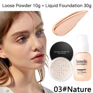 2PCS High Coverage Liquid Foundation Matte Oil Control Powder Face Makeup Set Solekan Muka Bedak Alas Bedak Cecair Lipatan Tinggi