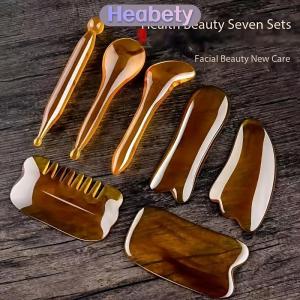 Heabety 7pcs Amber Guasha Massage Tools Face Body Massage Beauty Tool Spa Skin Caring Neck Pain Relief Scraper Scraping Massage Board