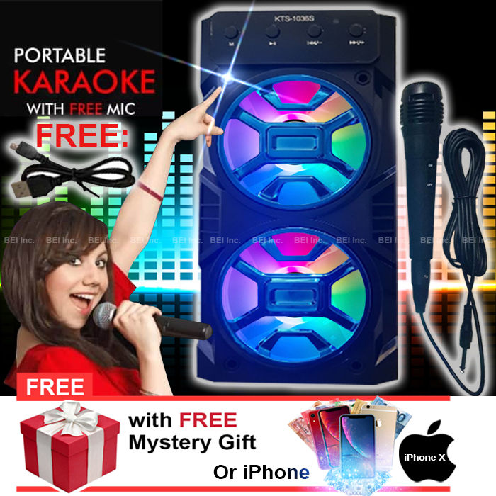 BEI Karaoke Model 8 Wireless Portable LED Bluetooth Speaker with FREE MIC & CORD and AUX/USB/TF