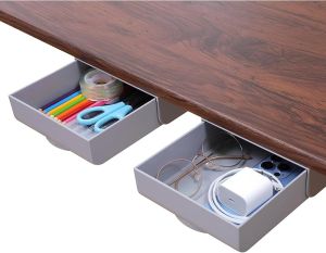 2 Pack Under Desk Drawer Self-Adhesive Hidden Desktop Organizer Attachable Desk Drawer Slide Out Table Storage Tray for Pencil Pen Stationery Home Office Organization Large White