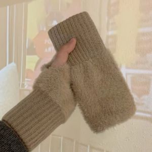 LINHU Solid Colors Half Finger Gloves Fleece Soft Plush Knitted Gloves Luxury Fingerless Gloves Autumn Winter