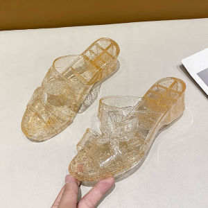 [Free Shipping] Womens Summer Fashion Crystal Plastic Slippers for Outdoor Wear Beach Jelly Shoes Non-Slip Wedge Heel Thick Sole Wear-Resistant Casual Mom Shoes