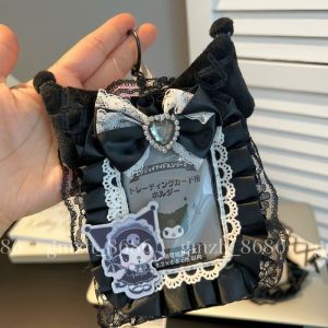 Hello Kitty Kuromi Anime Dark Series Melody Lace Bow Storage Card Holder Bag Decoration Pendant Cute ID Card Bag Key Chain