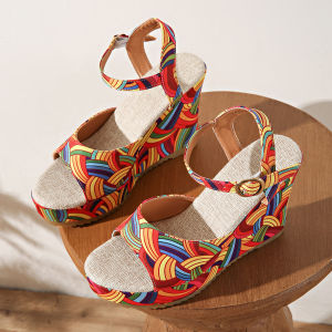 [Free Shipping] Colorful Ethnic-Style Printed Wedge Sandals WomenS Open-Toe Thick-Soled Platform Sandals With Buckle Closure Available In Plus Sizes