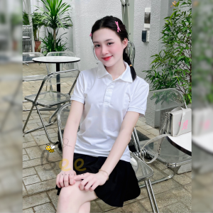 Áo thun nữ POLO BEE cổ trụ tay ngắn phối 1 sọc basic màu xanh đen trơn vải cá sấu cao cấp công sở