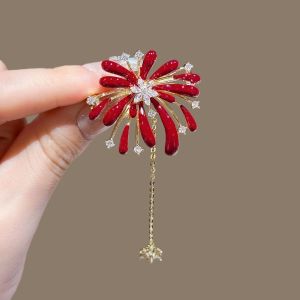 THANKSKY Đẹp Trâm cài tua rua hoa lấp lánh Đỏ/Xanh Retro ngọt ngào Ghim zircon pháo hoa Cao cấp Sáng bóng Ghim cài áo đính đá Tiệc cưới