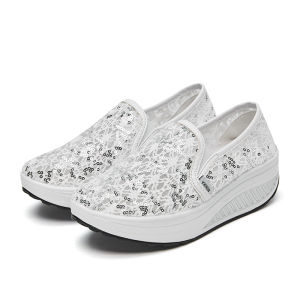 FE Summer Casual Black Womens Wedge Fashion Pure Color Sequins round Toe Slip-on Lace Rocking Shoes 1508