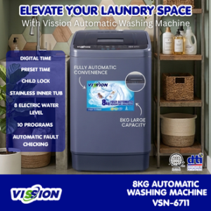 VISSION 8KG Top Load Fully Automatic Washing Machine VSN-6711 - Smart Fault Checking and Digital Time Control.