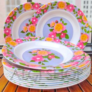 promo gratis sendok 12.piring makan bulat cekung motif kembang terbaru