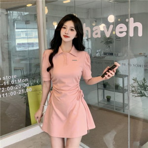 Large Size Womens S-2XL Folds POLO Collar Dress New Summer Waist Waist Thin Niche Design Sense Pumping Rope Slim Skirt