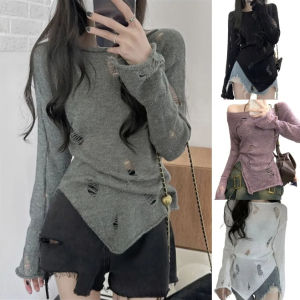 VBBN Broken Hole Long Sleeves T-shirt Knitted Ins Mesh Crop Tops Aesthetic Wasteland Style Y2K Hollow Pullovers Top Party