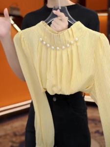 AMMIN 2025 Autumn New Simple Stand Collar Fashion Pleated Beaded Design Light Luxury High-end Long Sleeve Chiffon Blouse Womens Korean Style Striped Print Elegant Blouse