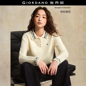 GIORDANO Women Sweaters Heart Embroidery Loose Sweaters Contrast Jacquard Collar Half Placket Fashion Casual Sweaters 18355926