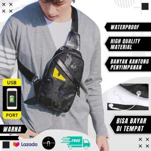Tas Selempang Pria Import Keren Waterproof USB Dan Headset Warna Hitam Distro Terbaru AA20