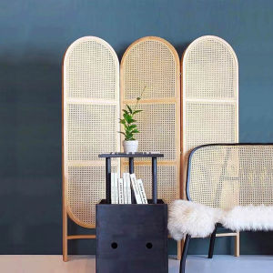 (10days)Natural Rattan 3 Panel Wood Screen Room Divider Folding Room Partitions Freestanding Privacy Screen w/Hand-Woven Polymer Rattan Room Separator Divider Wall