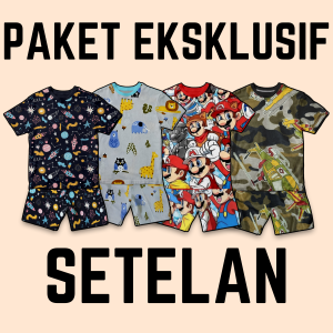 Code8.id PAKET HEMAT SETELAN PRINTING FULPRINT KARAKTER KARTUN BAHAN ADEM UKURAN S-XXL USIA 1-10 THN
