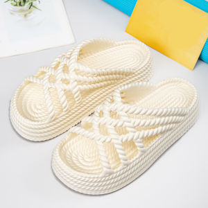 [Free Shipping] Slippers Imitation Woven Design Flat Sole Thick Sole Versatile Beach-Style Roman Sandals New Summer Collection Can Be Worn Outdoors WomenS Slippers