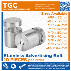 TGC 10PCS Stainless Advertising Bolt M19 (25mm up to 100mm) Glass Holder / Standoff Pin Screw / Glass Stand Off Bolt / Signage Bolt 25 30 40 50 60 70 80 100