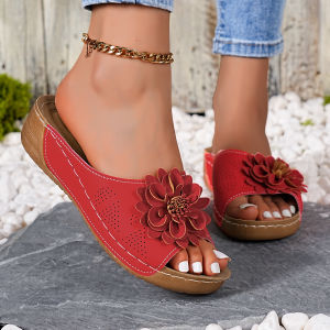 Free Shipping Plus-Size WomenS Shoes 2026 Spring-Summer New Style Wedge Heel Thick-Soled Peep-Toe Slippers For Outdoor Wear With Floral Decoration