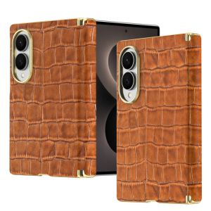 Premium Foldable Phone Case with Crocodile Pattern PU Leather & Gold Trim All-Protective Shockproof Cover for Samsung Z Fold 8 ultra /8/7/6