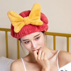 Womens shower cap quick-dry hair care shower cap bath and spa bow hair wrap towel cap girls hair drying towel cap.