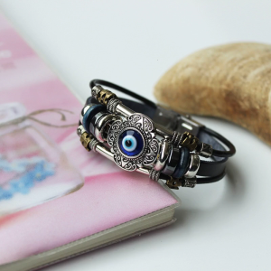for Evil Eye Leather Bracelet Man Woman Punk Turkish Charm Wristband Bead Bangle Leather Bracelet for Men W