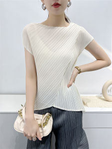 KESHANGYI Womens Clothing New Pleated Irregular Folding Round Neck T-shirt Solid Color Versatile Fashion Niche Design Top 7003