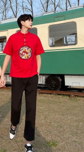 2025 Chinese New Year Clothes CNY Couple Cheongsam Red Embroidered Cotton Linen Tang Suit Hanfu Men T-shirt Tops Short Sleeve Girl Women Cheongsam Dress Qipao Couple Set 情侣旗袍