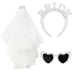 Pearl Bride Headband with Veil Heart Shaped Pearl Bride sunglasses for Bachelorette Party Decorations Bride Accessories Bridal S