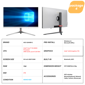 AOC A24A99-1 AIO All in One Desktop PC Computer 24 inch PC Full Set Intel Core i5 12th/13th Generation processor 16G RAM 1TB SSD Built-in bluetooth、WiFi、speaker For Home/Office/Gaming 1920*1080 Large IPS FHD Monitor