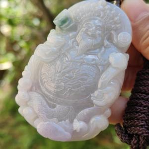 Premium Quality Lavender and Green Natural Type A Jadeite Pendant Necklace crafted with Big Fortune God Holding Ruyi with certificate weigh 77.38 grams 70 * 47 * 11.8 mm (pendant35)
