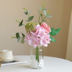 CHUAN พลาสติก ช่อดอกกุหลาบไฮเดรนเยียเทียม สมจริง สง่างาม ไฮเดรนเยียจำลอง จัดดอกไม้ หรูหรา ดอกไฮเดรนเยีย ยูคาลิปตัส ของตกแต่งโต๊ะโรงแรมที่บ้าน