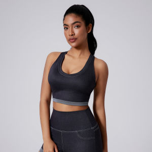 Womens Sports Top Imitation Denim Sports Bra Womens Running Wear Back-Enhancing Pilates Bra Womens Fitness Bra Outerwear Womens Yoga Wear