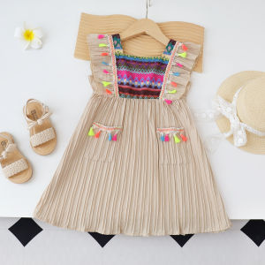 Bear Leader Baby Girl Colorful Splicing Ethnic Style Summer Outfits Fashionable Flying Sleeve Tassel Decoration Pleated Hem Dress for Children Aged 3 To 7 Casual Wear