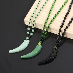 JACOOEQU Retro Charm  Wolf Tooth Pendant Small Bead Couple Sweater Chain Imitation Jade Men Necklace Girl Necklace Chinese Style Necklace Fashion Jewelry